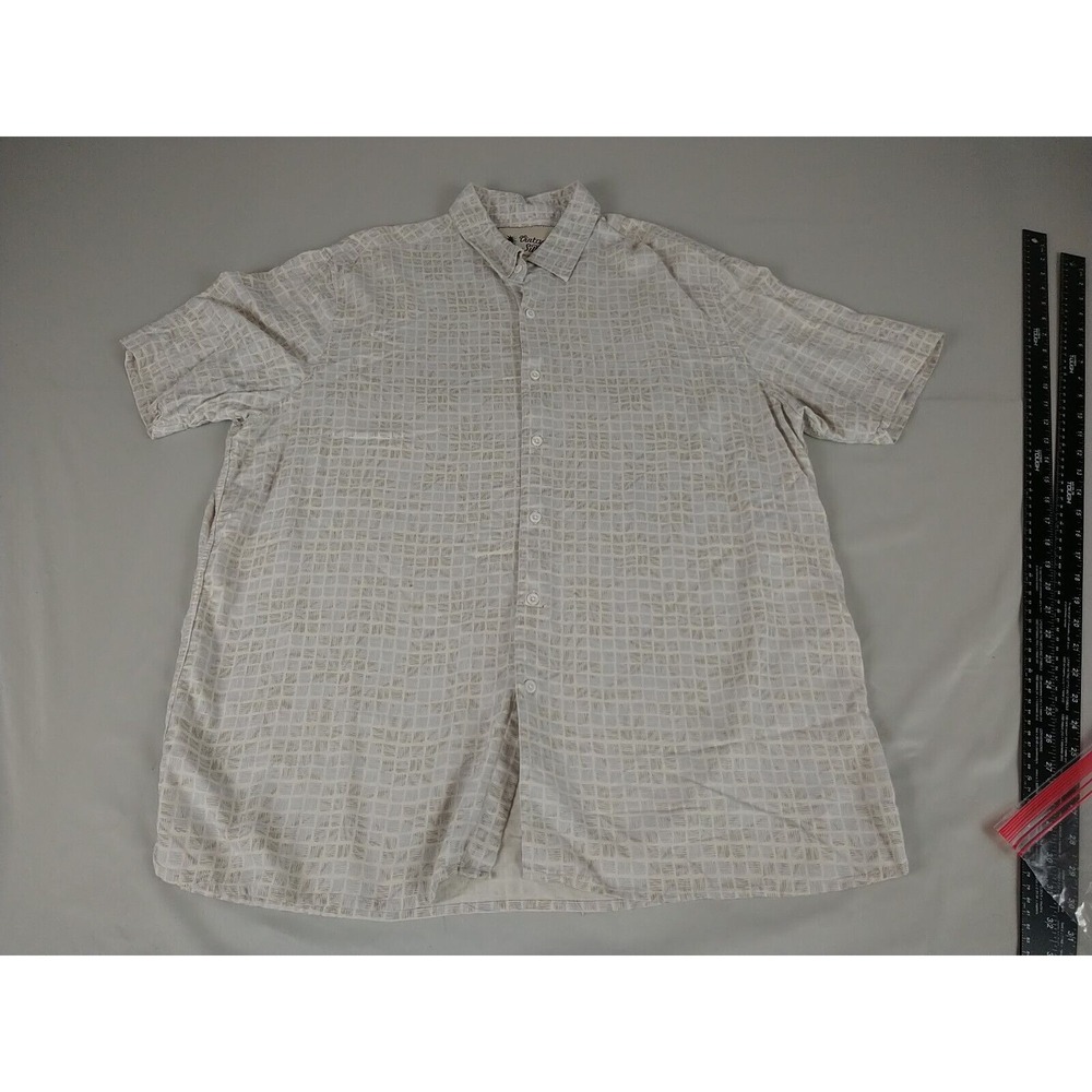Vintage Silk Button Down Mens Shirt XXL Beige Square Pattern Short Sleeve Casual
